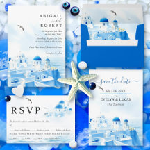 Blue watercolor Santorini destination wedding