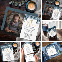 Blue Watercolor Floral Faux Gold Boy Baptism