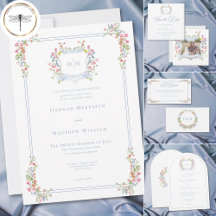 Elegant Dusty Blue Pastel Wildflower Crest Wedding