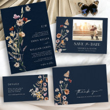 Navy Blue Boho Wildflowers Wedding Invitations