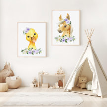 Farm Animals, Purple Flowers Nursery Prints