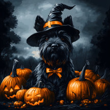 Scottish Terrier Amongst Halloween Pumpkins