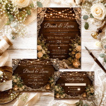 Rustic String Lights Wood Candles Lace Wedding
