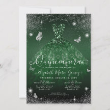 Glam Emerald Green Silver Glitter Gown Quinceanera