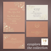 Floral Gold Peach Wedding Invitation Suite