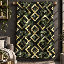 Modern green and gold jungle leaves blankets