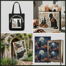 Vintage Black Cat Botanical Halloween