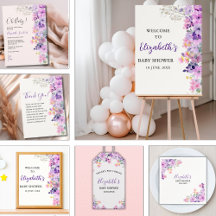 Cute Baby Shower Girl with Purple Spring Flowers