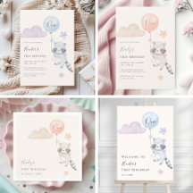 Cute Raccoon Flying Balloon First Birthday Suite