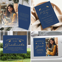 Modern Navy Blue Gold Script Graduation Suite