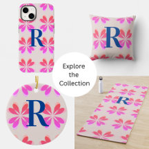 Monogram Initial Hot Pink Retro Flower Pattern