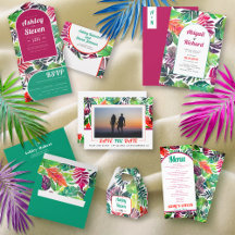 Maximalist colorful tropical leaves wedding