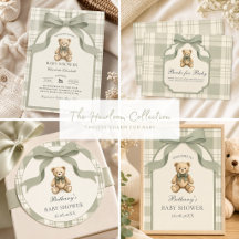Sage Green Gingham Teddy Bear Baby Shower Suite