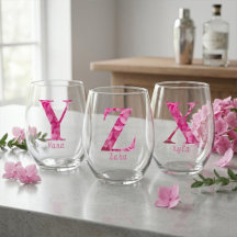 Pink Hydrangea Floral Monogram, Name Wine Glasses