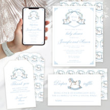 Cute blue rocking horse crest baby boy shower