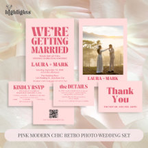 Pink Modern Chic Retro Photo Wedding Set