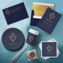 Navy Blue Faux Gold Vintage Crest Boy Baptism