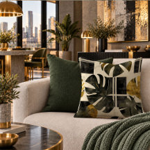 Modern green and gold jungle leaves pillows