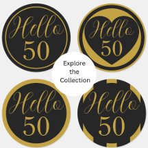 Hello 50 birthday stickers black gold
