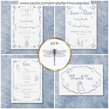 Whimsical Retro Hand Drawn Dusty Blue Wedding