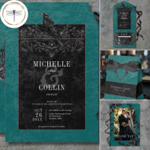 Gothic Black Raven & Black Roses Teal Wedding