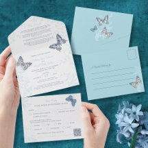 Blue coral inked art butterflies wedding