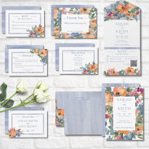 Peach & Blue Floral Frame Wedding Suite Cards