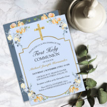 PRETTY BLUE FLORAL GOLD FIRST HOLY COMMUNION
