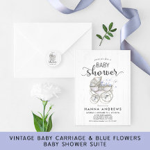 Chic Vintage Baby Carriage Blue Floral Baby Shower