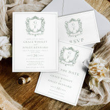 Sage Green French Roses Monogram Crest Wedding