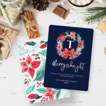 Christmas Monogram Red Bow Floral Wreath