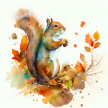 Fall Watercolor Squirrel - Kids Birthday Party