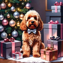 Cockapoo With Christmas Gifts & Tree