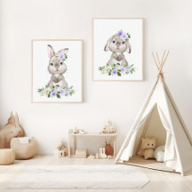 Cute Bunny, Purple Flowers Nursery Prints