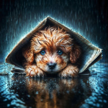 Wet Puppy, Blue Eyes Under a Newspaper Shelter