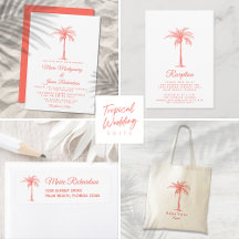 Elegant Coral Palm Tree Tropical Beach Wedding