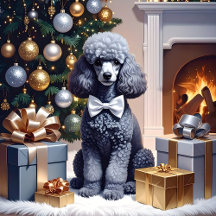 Grey Poodle With Christmas Gifts & Tree