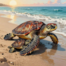 Mama Sea Turtle and Baby on Beach 