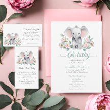 Baby Elephant With Peonies, Eucalyptus Baby Shower