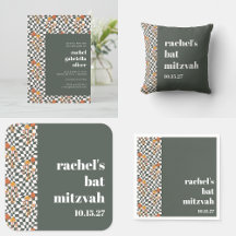 Groovy Retro Boho Green Checkerboard Bat Mitzvah