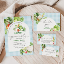 Blue gingham Locally grown baby shower