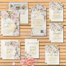 Boho Pampas & Pink Roses Cream Wedding Suite Cards