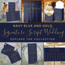 Chic Navy Blue Gold Signature Script Wedding