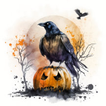 Halloween Watercolor Crow and Pumpkin
