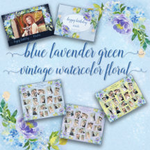 Blue Lavender and Green Vintage Watercolor Florals
