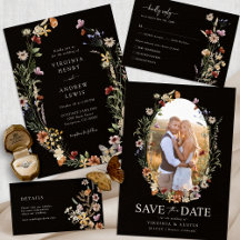 Moody Black Boho Wildflowers Wedding Invitations