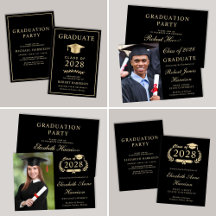 Black Gold College Graduation Party Invitations