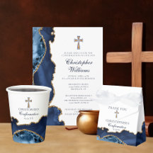 Elegant Navy Blue Gold Cross Confirmation Party