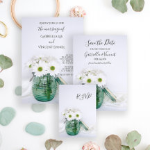 White Daisies in Blue Jar Vase Wedding Invitations