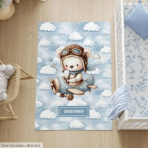 Teddy bear pilot aviator baby shower gift area rug